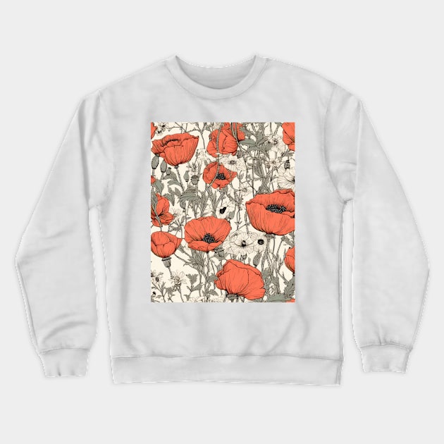 Red Poppy Flower Pattern - Wildflower Illustration Crewneck Sweatshirt by Floral Decor Shop